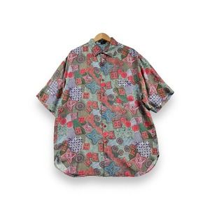 Silk Society Colorful Hawaiian Shirt Short Sleeve Funky Vintage Mens L 100% Silk